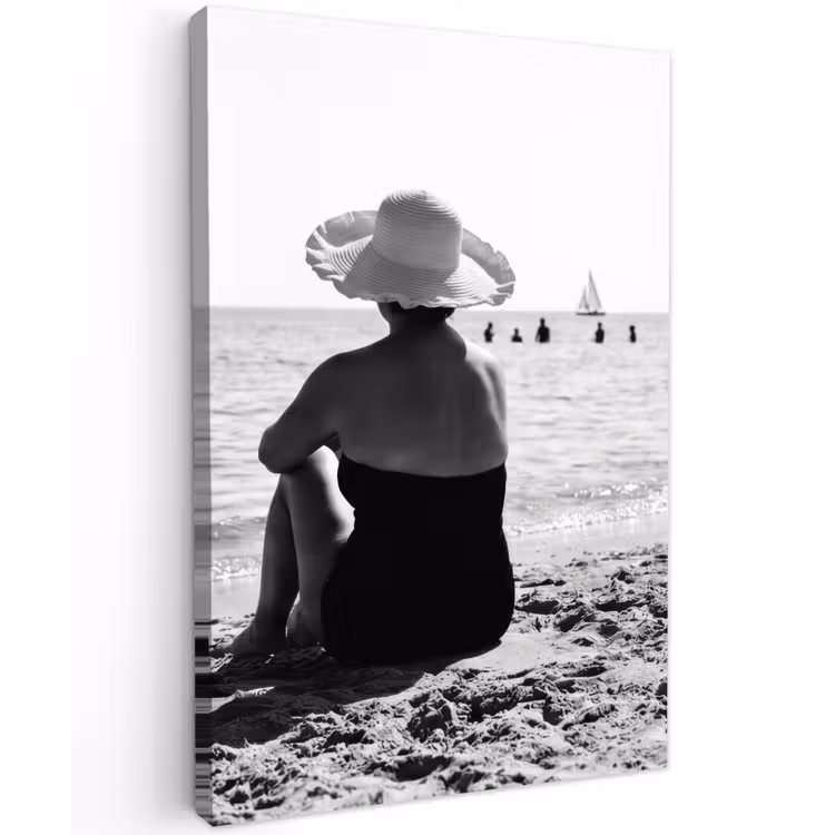 Vrouwen - Zonnehoed - Strand - Zwart - Wit Tuinposter op houten frame 2 cm dik klein -3d