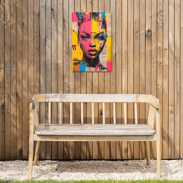 Vrouwengezicht - Krantenpapier - Abstract - Roze Tuinposter op houten frame 2 cm dik klein -sfeer4