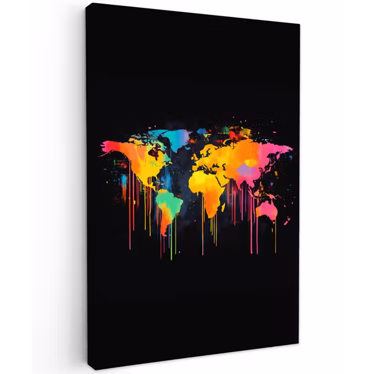 Wereldkaart - Verf - Kleurrijk - Graffiti - Wereld Tuinposter op houten frame 2 cm dik klein -3d