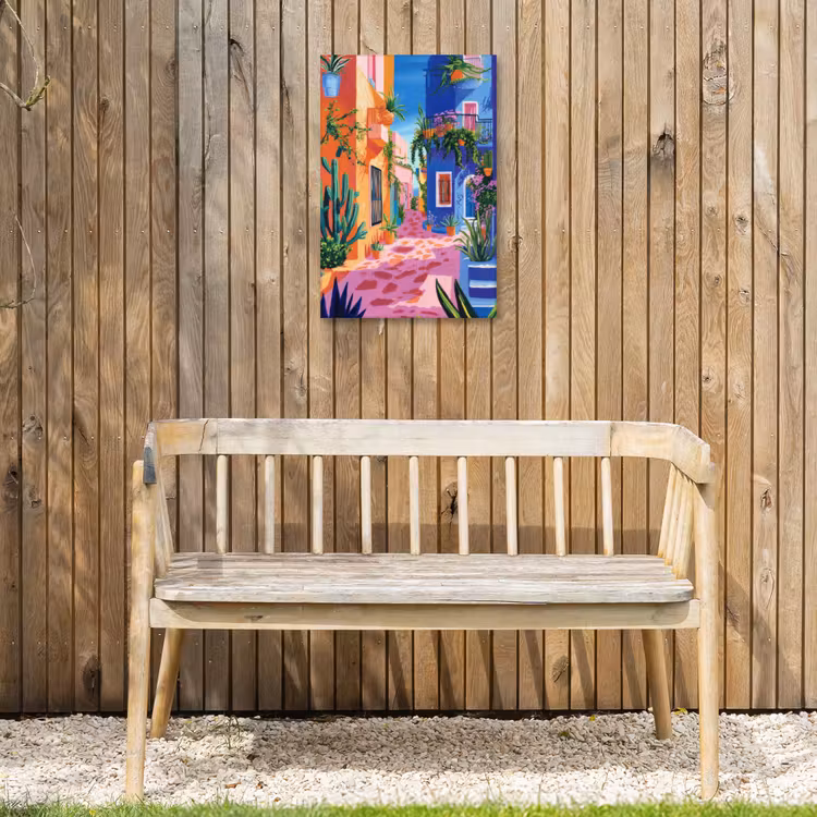 Geel - Blauw - Oranje - Huis Tuinposter op houten frame 2 cm dik klein -sfeer4