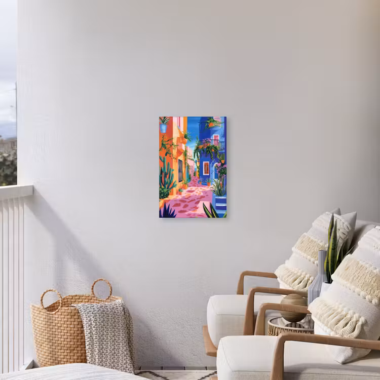Geel - Blauw - Oranje - Huis Tuinposter op houten frame 2 cm dik klein -sfeer1