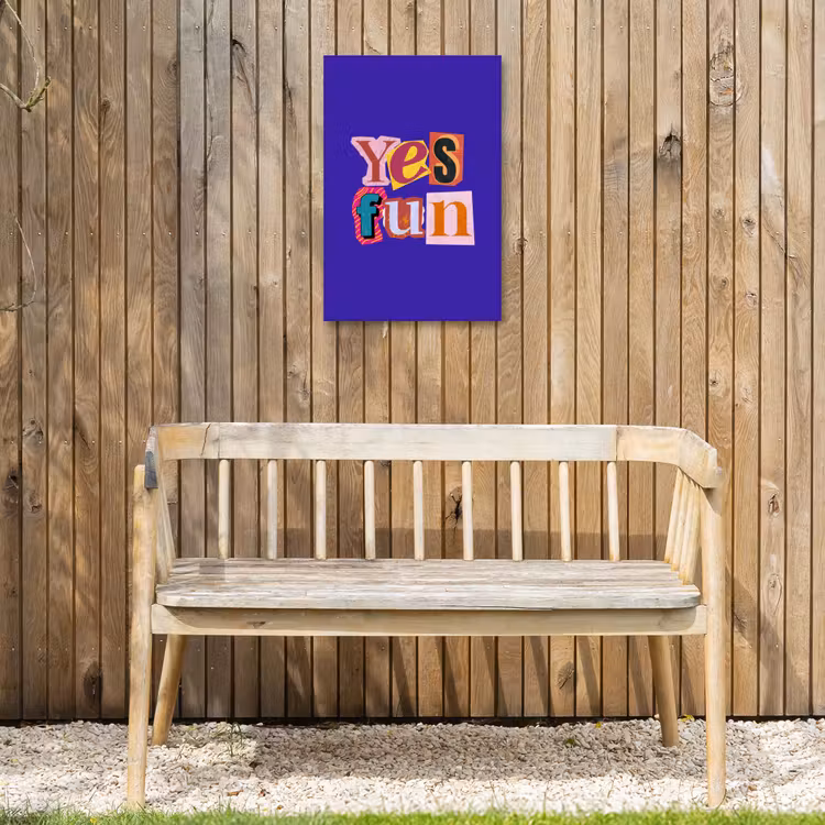 Yes fun - Kleurrijk - Collage-stijl Tuinposter op houten frame 2 cm dik klein -sfeer4