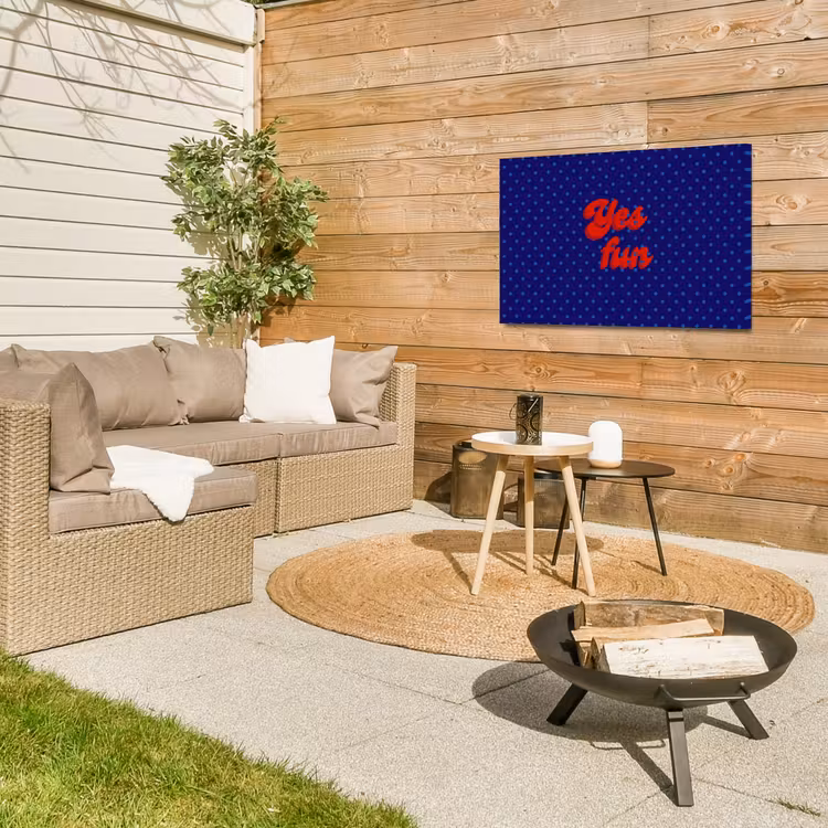 Yes fun - Rood - Blauw - Stippen Tuinposter op houten frame 2 cm dik klein -sfeer2
