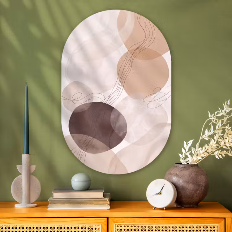 Oval - Glass - Abstraction - Beige - Modern - Abstractie - Beige - Modern Wandcirkel Ovaal Glas middel