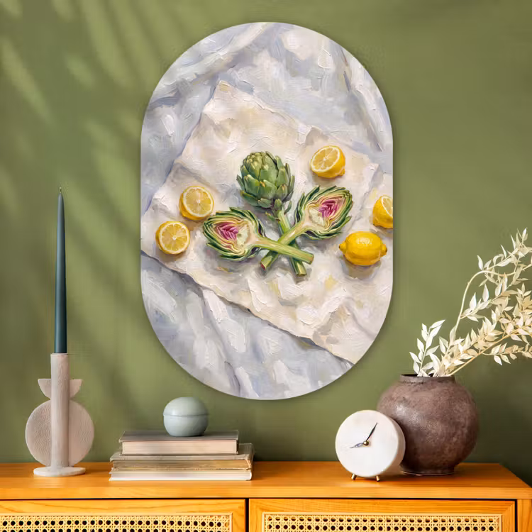 Oval - Glass - Artichoke - Lemon - Food - Artisjok - Citroen - Eten Wandcirkel Ovaal Glas middel