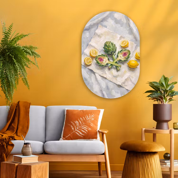 Oval - Glass - Artichoke - Lemon - Food - Artisjok - Citroen - Eten Wandcirkel Ovaal Glas middel