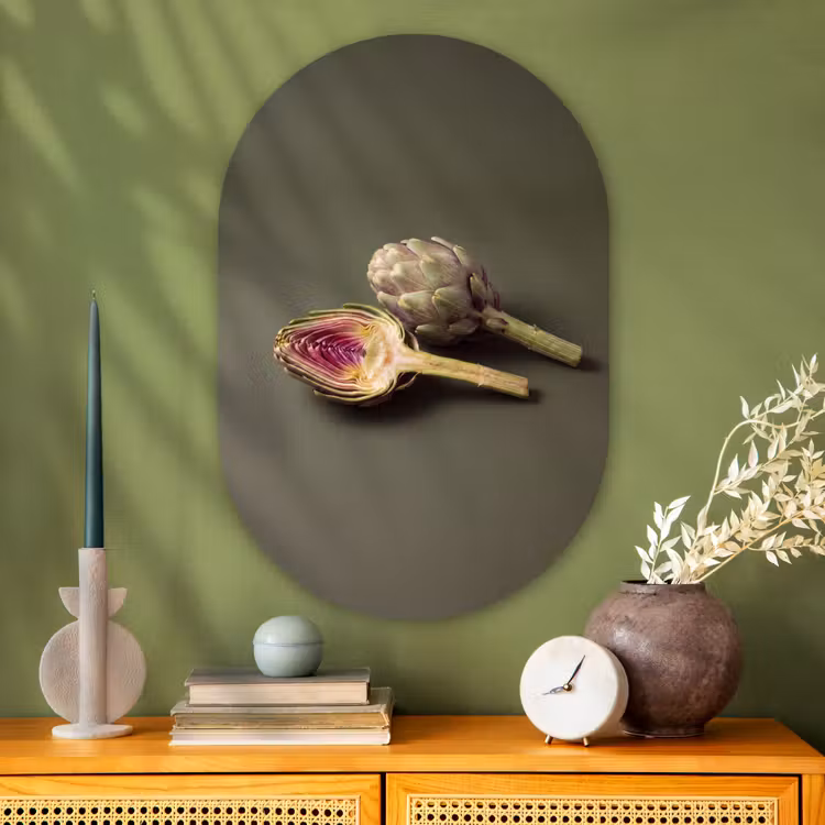 Oval - Glass - Artichoke - Purple - Food - Artisjok - Paars - Voedsel Wandcirkel Ovaal Glas middel