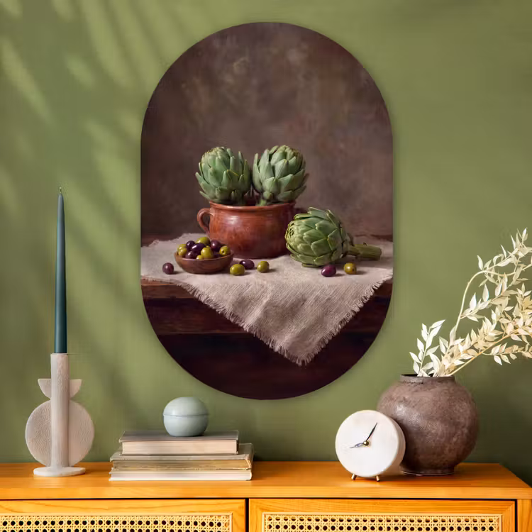 Oval - Glass - Artichokes - Olives - Food - Artisjokken - Olijven - Eten Wandcirkel Ovaal Glas middel