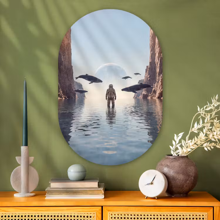Oval - Glass - Astronaut - Whale - Fantasy - Ruimtevaarder - Walvis - Fantasie Wandcirkel Ovaal Glas middel
