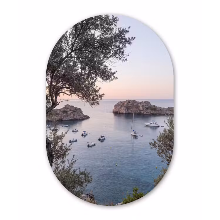 Oval - Glass - Bay - boats - sunset - Baai - boten - zonsondergang Wandcirkel Ovaal Glas middel