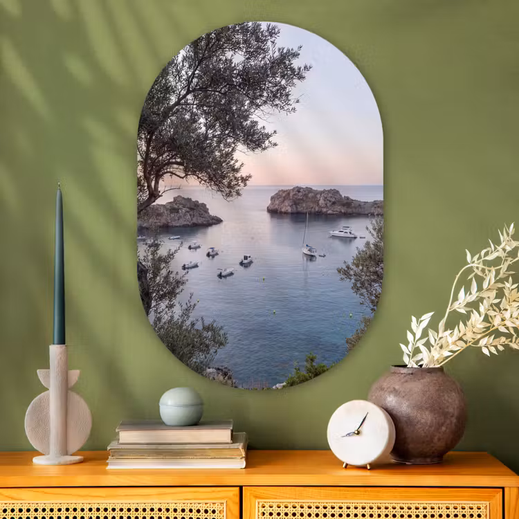 Oval - Glass - Bay - boats - sunset - Baai - boten - zonsondergang Wandcirkel Ovaal Glas middel