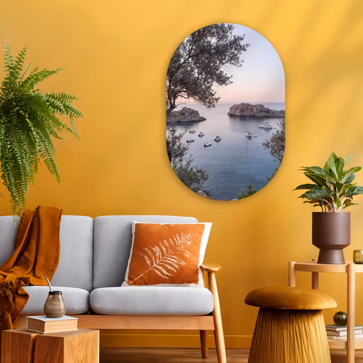 Oval - Glass - Bay - boats - sunset - Baai - boten - zonsondergang Wandcirkel Ovaal Glas middel