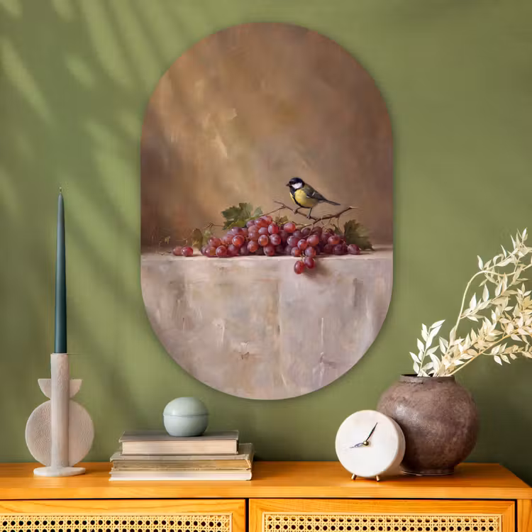 Oval - Glass - Bird - Grapes - Still Life - Vogel - Druiven - Stilleven Wandcirkel Ovaal Glas middel