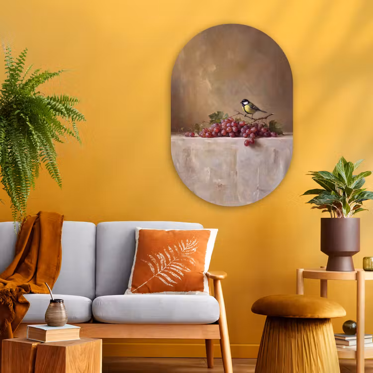 Oval - Glass - Bird - Grapes - Still Life - Vogel - Druiven - Stilleven Wandcirkel Ovaal Glas middel