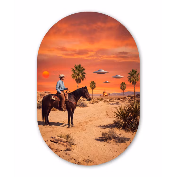 Oval - Glass - Cowboy - Horse - Desert - Cowboy - Paard - Woestijn Wandcirkel Ovaal Glas middel