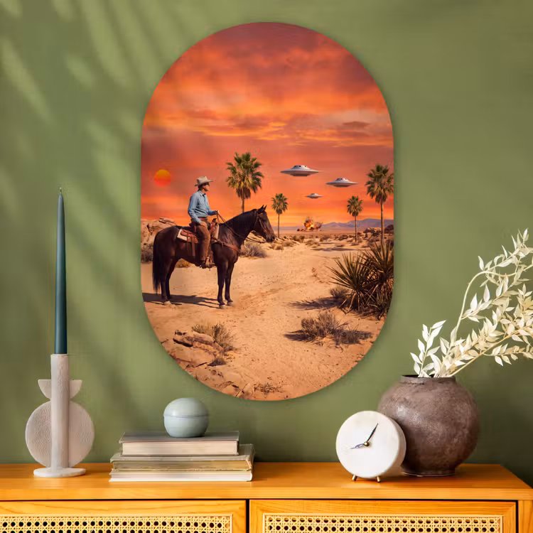 Oval - Glass - Cowboy - Horse - Desert - Cowboy - Paard - Woestijn Wandcirkel Ovaal Glas middel