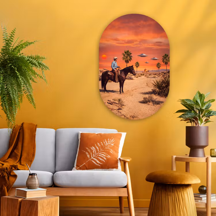 Oval - Glass - Cowboy - Horse - Desert - Cowboy - Paard - Woestijn Wandcirkel Ovaal Glas middel