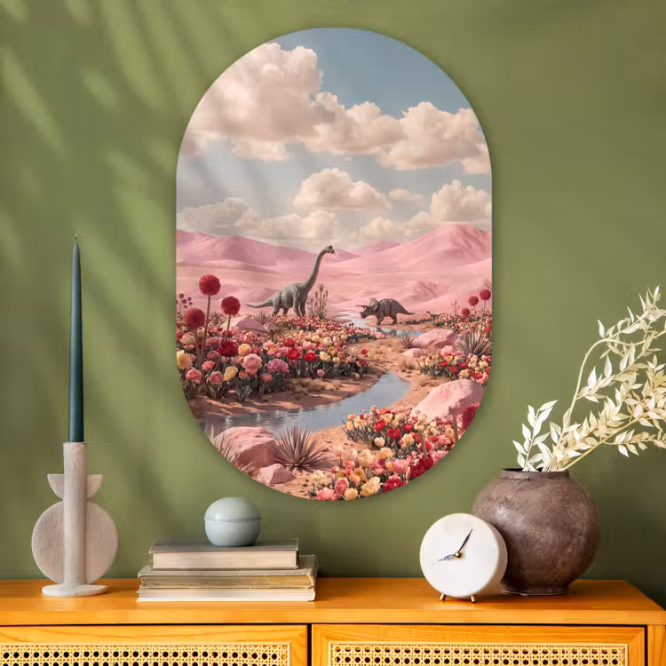 Oval - Glass - Dinosaur - Pink - Landscape - Dinosaurus - Roze - Landschap Wandcirkel Ovaal Glas middel