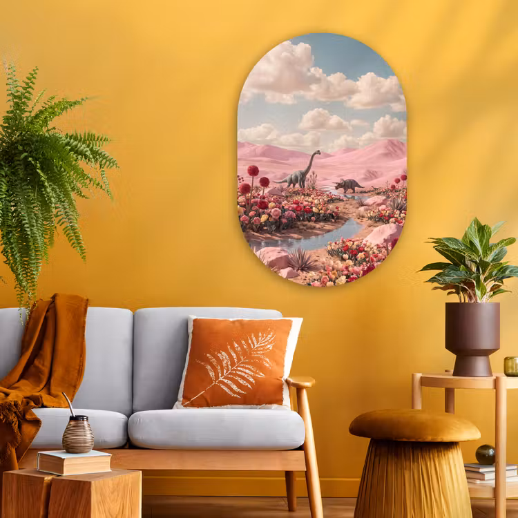 Oval - Glass - Dinosaur - Pink - Landscape - Dinosaurus - Roze - Landschap Wandcirkel Ovaal Glas middel