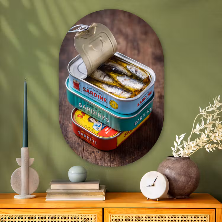Oval - Glass - Fish - Cans - Kitchen - Vis - Blikjes - Keuken Wandcirkel Ovaal Glas middel