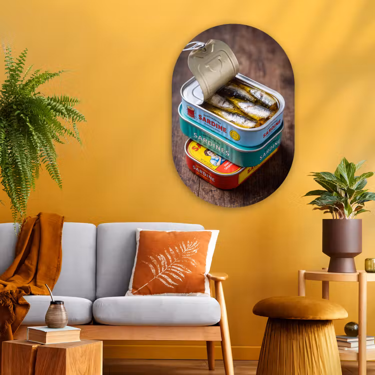 Oval - Glass - Fish - Cans - Kitchen - Vis - Blikjes - Keuken Wandcirkel Ovaal Glas middel