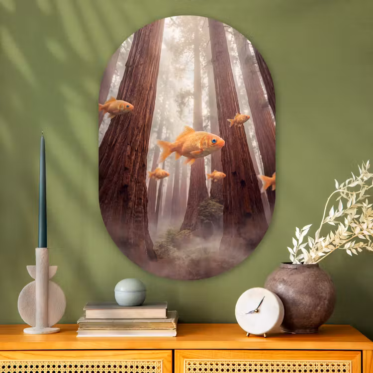 Oval - Glass - Fish - Forest - Fantasy - Vis - Bos - Fantasie Wandcirkel Ovaal Glas middel