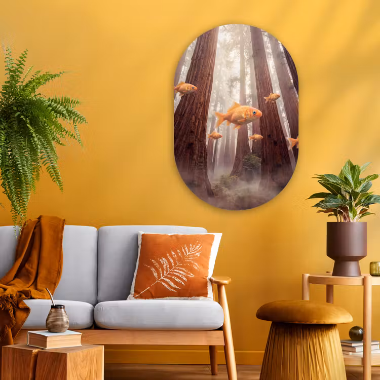 Oval - Glass - Fish - Forest - Fantasy - Vis - Bos - Fantasie Wandcirkel Ovaal Glas middel