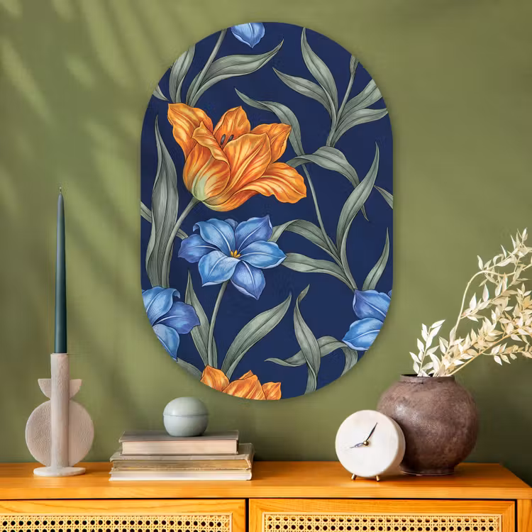 Oval - Glass - Flowers - Botanical - Pattern - Bloemen - Botanisch - Patroon Wandcirkel Ovaal Glas middel