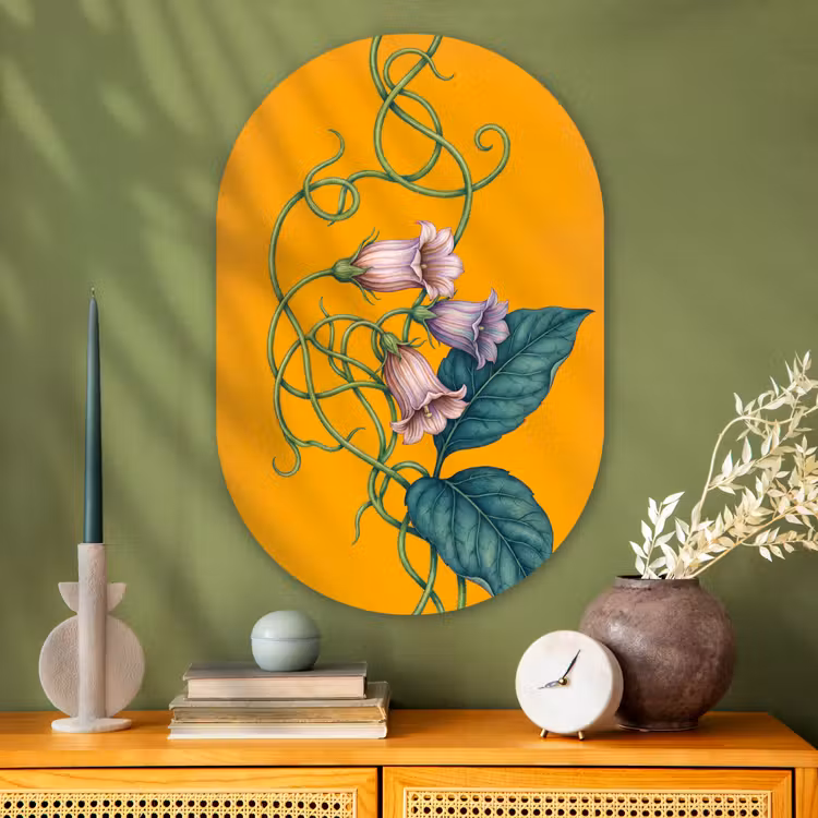 Oval - Glass - Flowers - Botanical - Yellow - Bloemen - Botanisch - Geel Wandcirkel Ovaal Glas middel