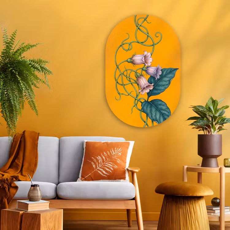 Oval - Glass - Flowers - Botanical - Yellow - Bloemen - Botanisch - Geel Wandcirkel Ovaal Glas middel