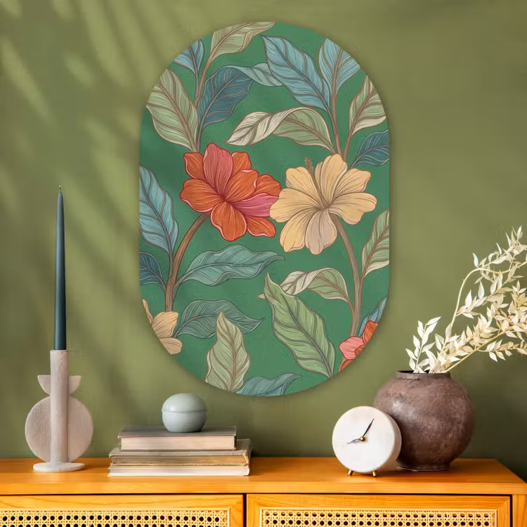 Oval - Glass - Flowers - Greenery - Illustration - Bloemen - Groen - Illustratie Wandcirkel Ovaal Glas middel