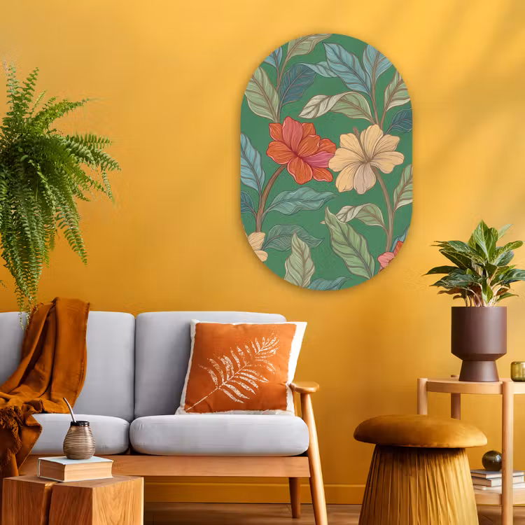 Oval - Glass - Flowers - Greenery - Illustration - Bloemen - Groen - Illustratie Wandcirkel Ovaal Glas middel