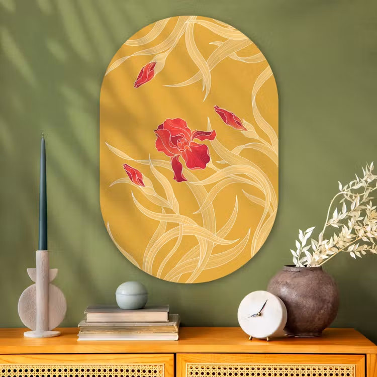 Oval - Glass - Flowers - Illustration - Red - Bloemen - Illustratie - Rood Wandcirkel Ovaal Glas middel