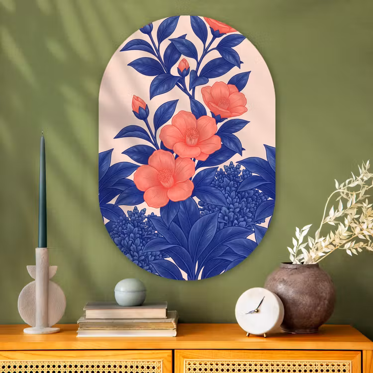 Oval - Glass - Flowers - Leaves - Botanical - Bloemen - Bladeren - Botanisch Wandcirkel Ovaal Glas middel