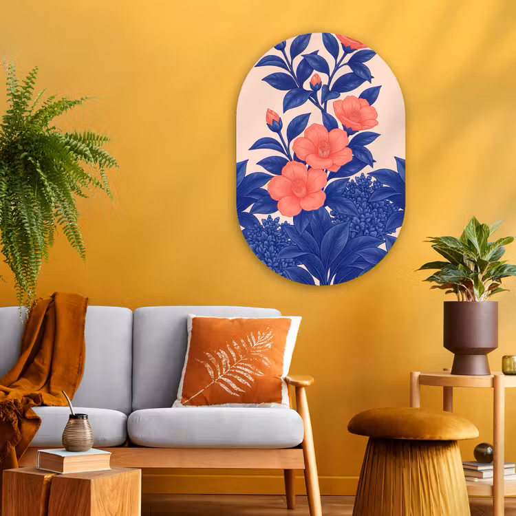 Oval - Glass - Flowers - Leaves - Botanical - Bloemen - Bladeren - Botanisch Wandcirkel Ovaal Glas middel
