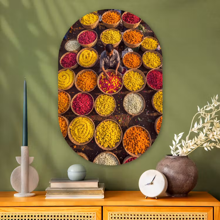 Oval - Glass - Flowers - Market - Colorful - Bloemen - Markt - Kleurrijk Wandcirkel Ovaal Glas middel