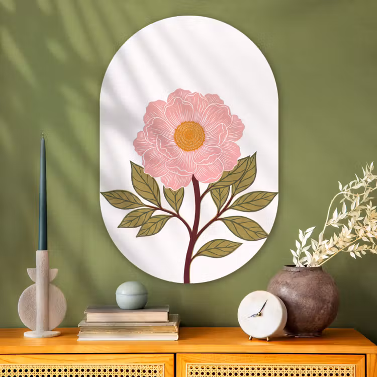 Oval - Glass - Flowers - Pink - Illustration - Bloemen - Roze - Illustratie Wandcirkel Ovaal Glas middel