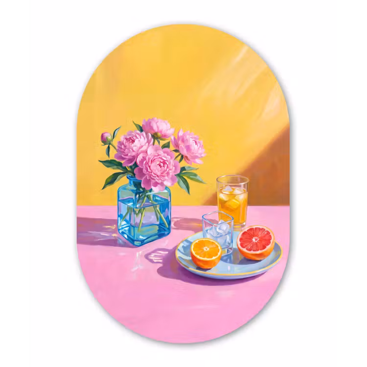 Oval - Glass - Flowers - Pink - Modern - Bloemen - Roze - Modern Wandcirkel Ovaal Glas middel