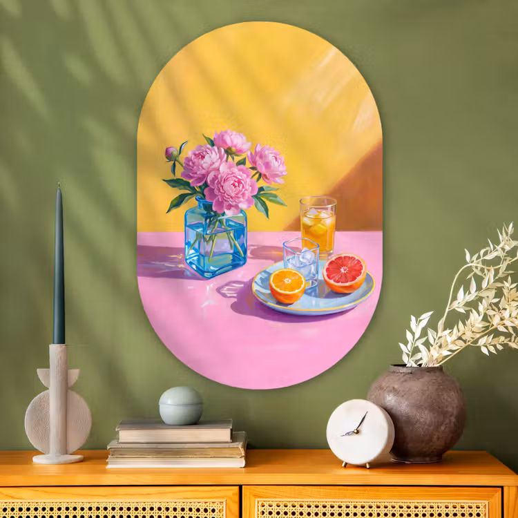 Oval - Glass - Flowers - Pink - Modern - Bloemen - Roze - Modern Wandcirkel Ovaal Glas middel