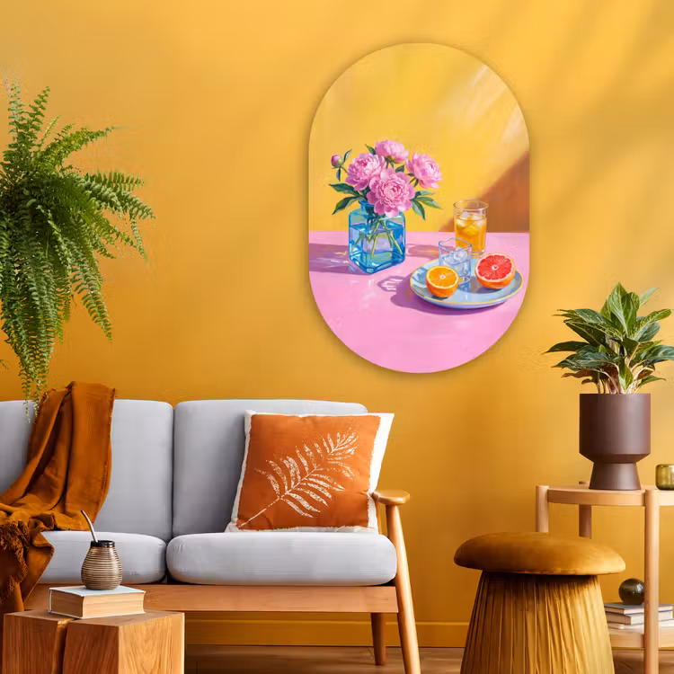 Oval - Glass - Flowers - Pink - Modern - Bloemen - Roze - Modern Wandcirkel Ovaal Glas middel