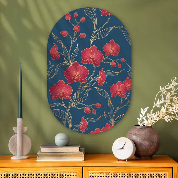 Oval - Glass - Flowers - Red - Gold - Bloemen - Rood - Goud Wandcirkel Ovaal Glas middel