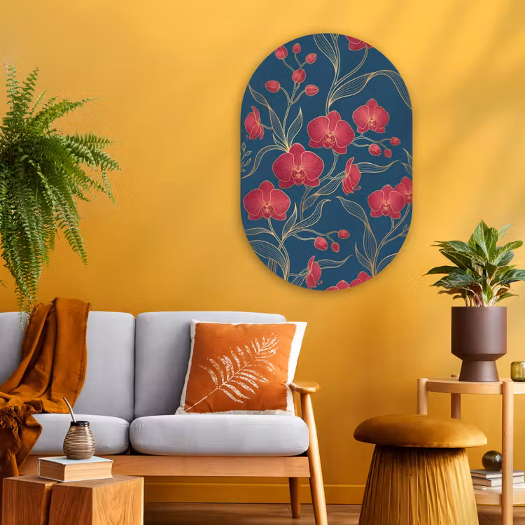 Oval - Glass - Flowers - Red - Gold - Bloemen - Rood - Goud Wandcirkel Ovaal Glas middel