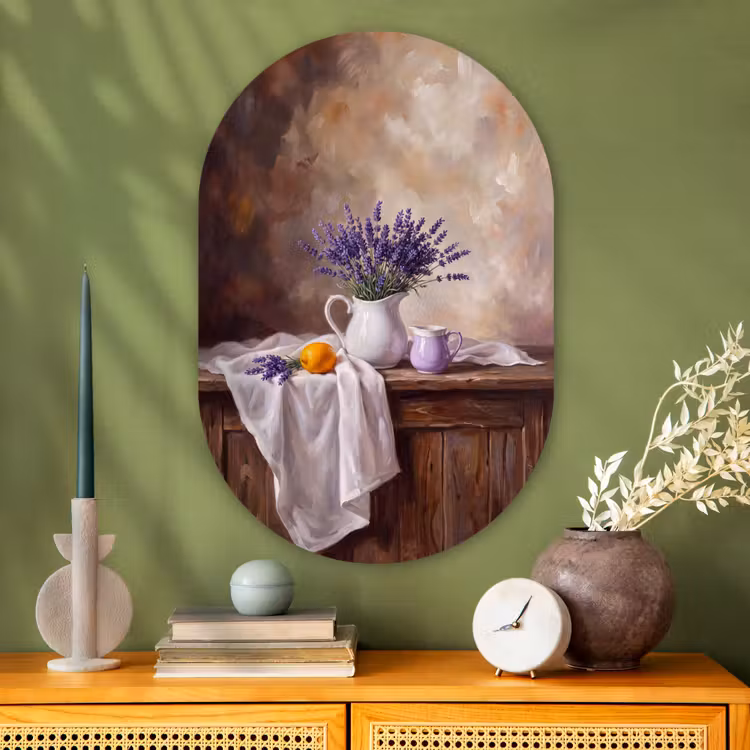 Oval - Glass - Flowers - Still Life - Purple - Bloemen - Stilleven - Paars Wandcirkel Ovaal Glas middel