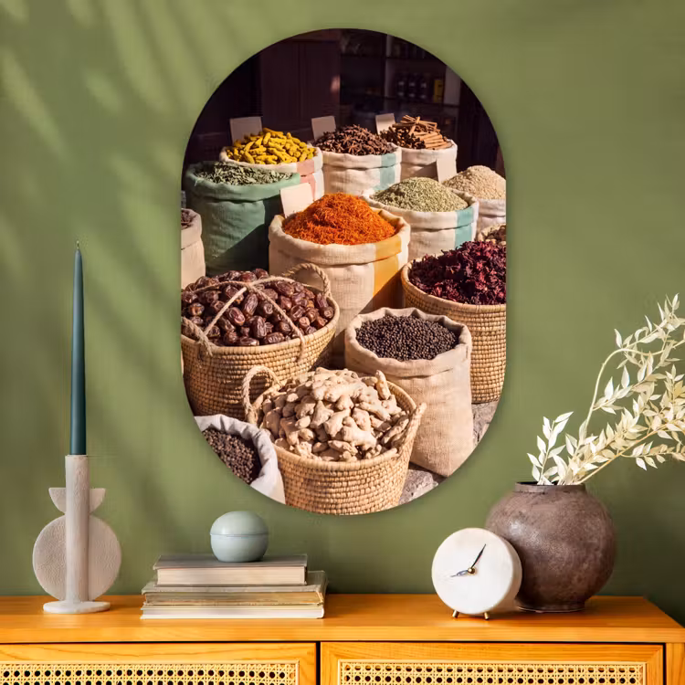 Oval - Glass - Herbs - Market - Colorful - Kruiden - Markt - Kleurrijk Wandcirkel Ovaal Glas middel