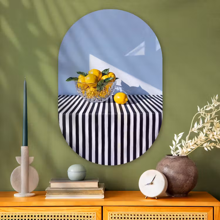 Oval - Glass - Lemons - Fruit - Yellow - Citroenen - Fruit - Geel Wandcirkel Ovaal Glas middel