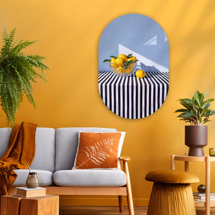 Oval - Glass - Lemons - Fruit - Yellow - Citroenen - Fruit - Geel Wandcirkel Ovaal Glas middel