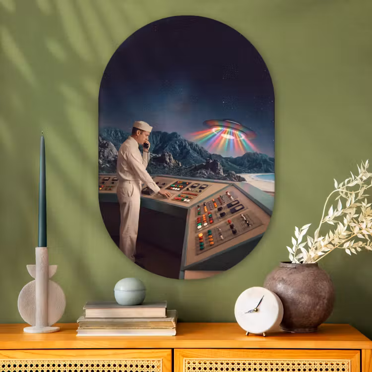 Oval - Glass - Man - Control Room - Beach - Man - Controlekamer - Strand Wandcirkel Ovaal Glas middel
