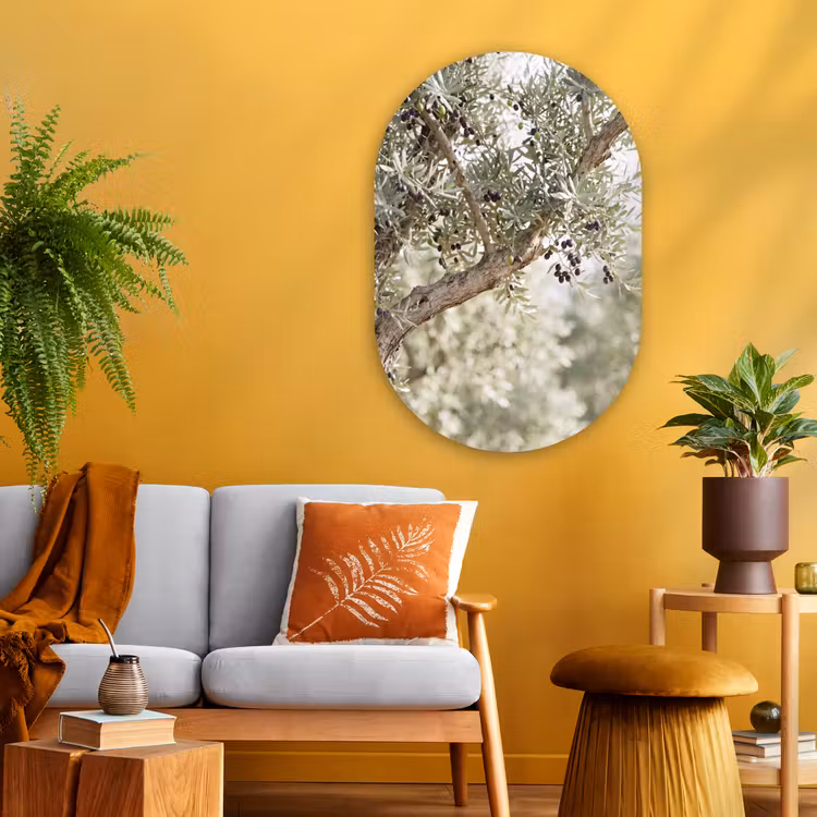 Oval - Glass - Olive tree - branch - green - Olijfboom - tak - groen Wandcirkel Ovaal Glas middel