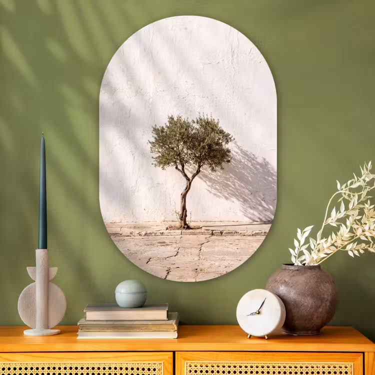 Oval - Glass - Olive Tree - Wall - White - Olijfboom - muur - wit Wandcirkel Ovaal Glas middel