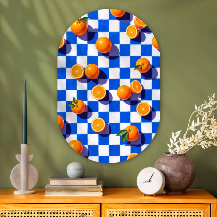 Oval - Glass - Orange - Checkered - Food - Sinaasappel - Geruit - Eten Wandcirkel Ovaal Glas middel
